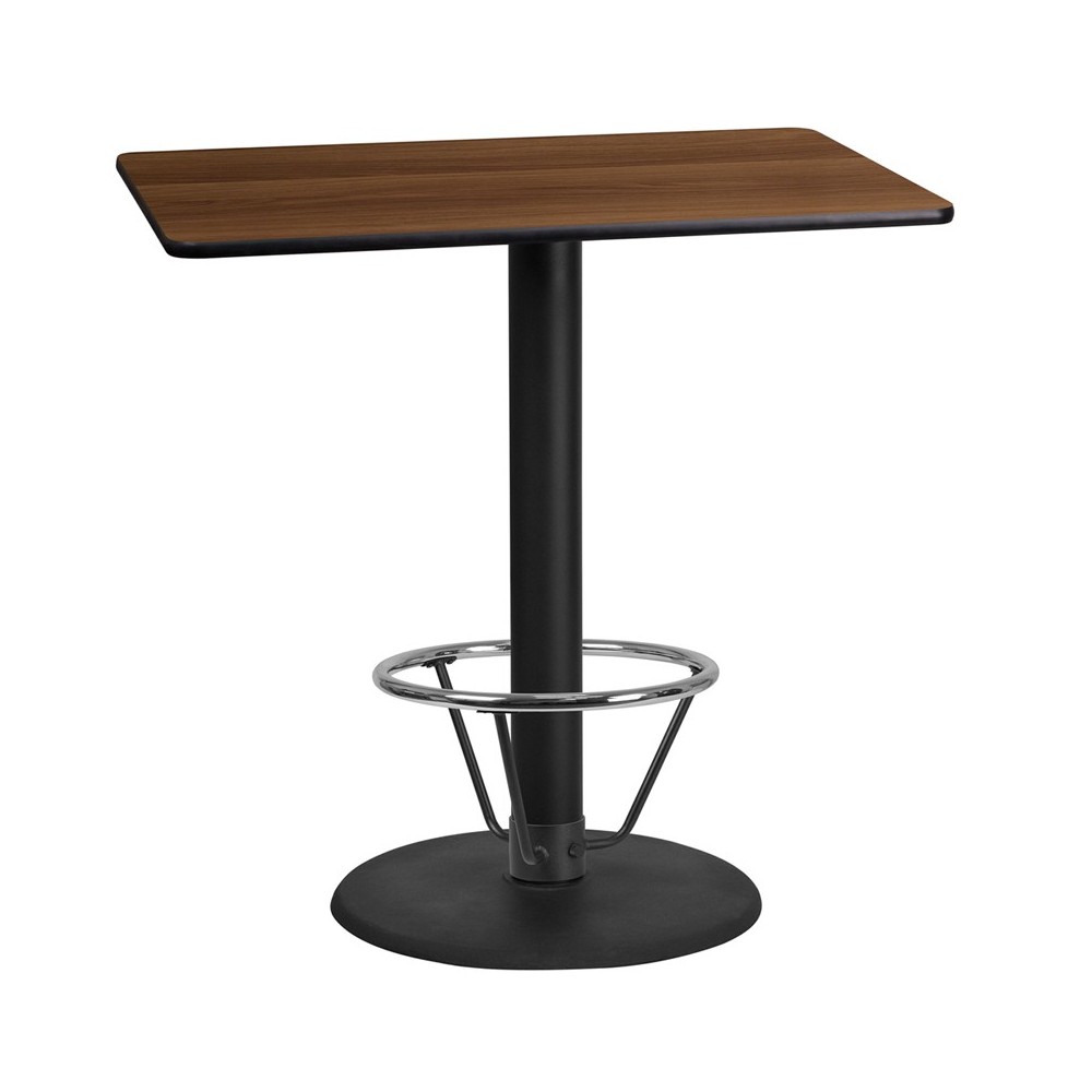 24'' x 42'' Rectangular Walnut Laminate Table Top with 24'' Round Bar Height Table Base and Foot Ring