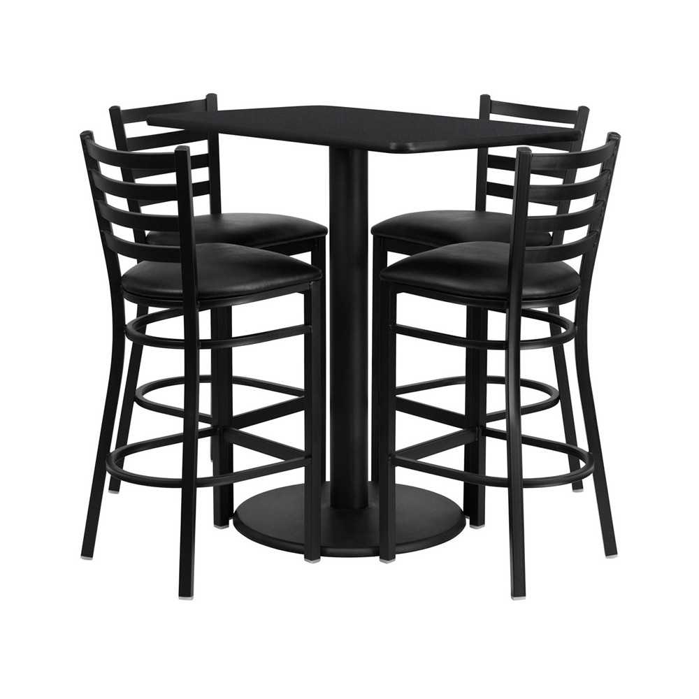 24'' x 42'' Rectangular Black Laminate Table Set with 4 Ladder Back Metal Barstools - Black Vinyl Seat