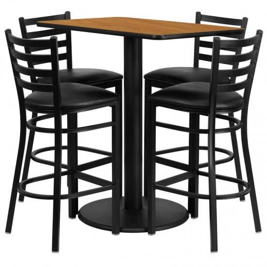 24'' x 42'' Rectangular Natural Laminate Table Set with 4 Ladder Back Metal Barstools - Black Vinyl Seat