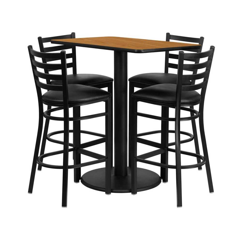 24'' x 42'' Rectangular Natural Laminate Table Set with 4 Ladder Back Metal Barstools - Black Vinyl Seat