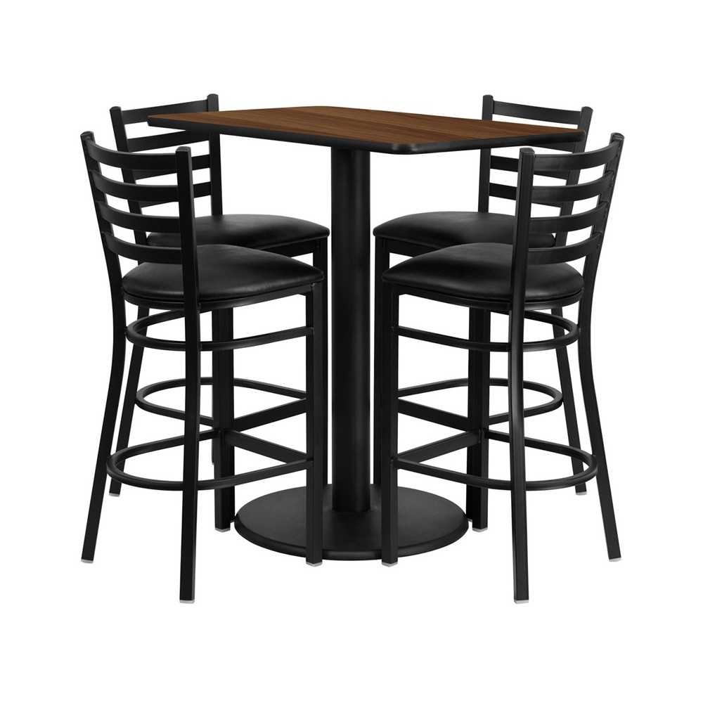 24'' x 42'' Rectangular Walnut Laminate Table Set with 4 Ladder Back Metal Barstools - Black Vinyl Seat 24'' x 42'' Rectangular Walnut Laminate Table Set with 4 Ladder Back Metal Barstools - Black Vinyl Seat