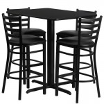 24''W x 42''L Rectangular Black Laminate Table Set with 4 Ladder Back Metal Barstools - Black Vinyl Seat