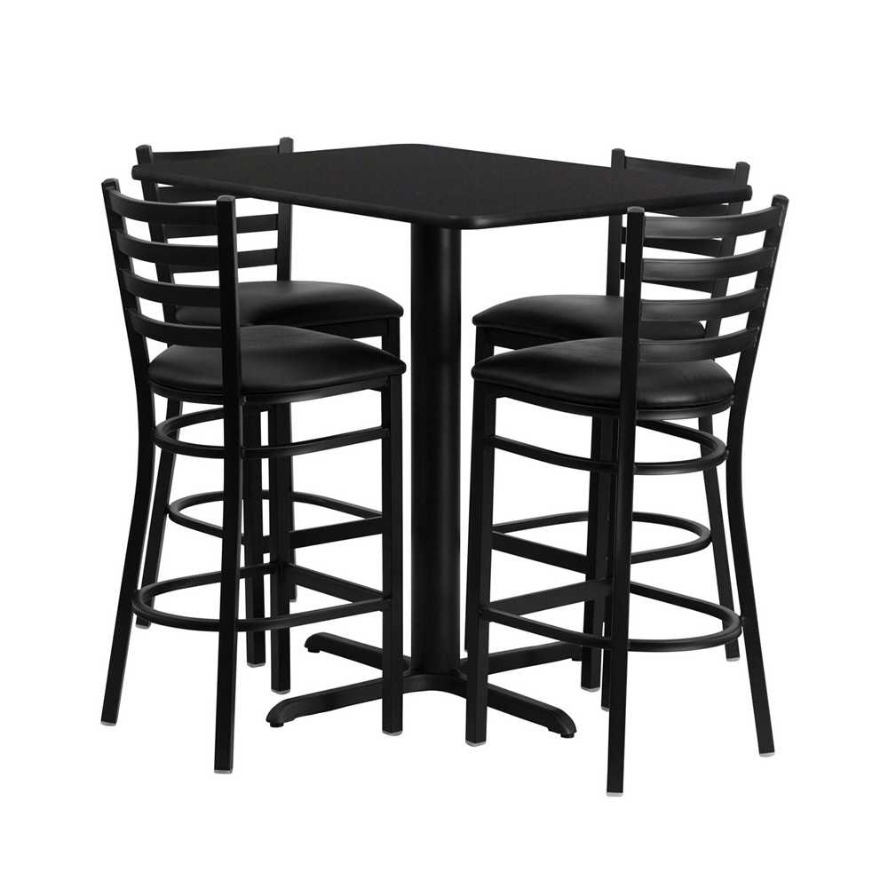 24''W x 42''L Rectangular Black Laminate Table Set with 4 Ladder Back Metal Barstools - Black Vinyl Seat