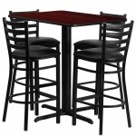 24''W x 42''L Rectangular Mahogany Laminate Table Set with 4 Ladder Back Metal Barstools - Black Vinyl Seat