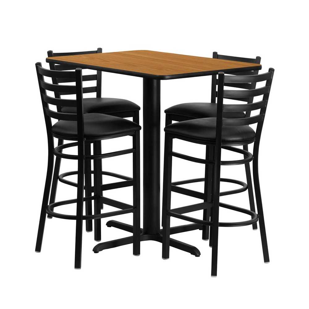 24''W x 42''L Rectangular Natural Laminate Table Set with 4 Ladder Back Metal Barstools - Black Vinyl Seat