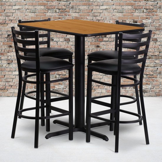 24''W x 42''L Rectangular Natural Laminate Table Set with 4 Ladder Back Metal Barstools - Black Vinyl Seat