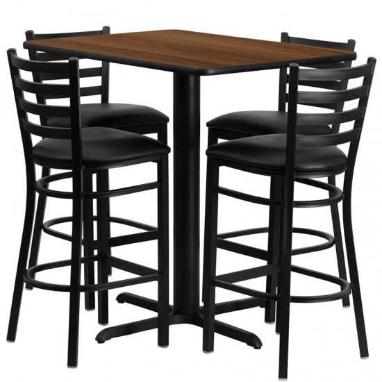 24''W x 42''L Rectangular Walnut Laminate Table Set with 4 Ladder Back Metal Barstools - Black Vinyl Seat