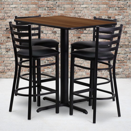 24''W x 42''L Rectangular Walnut Laminate Table Set with 4 Ladder Back Metal Barstools - Black Vinyl Seat