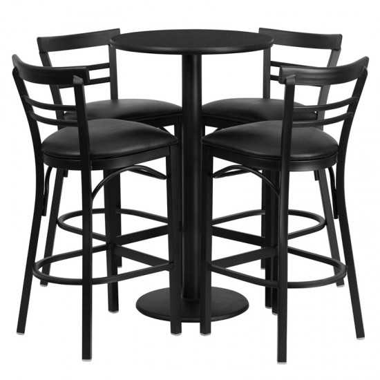 24'' Round Black Laminate Table Set with Round Base and 4 Two-Slat Ladder Back Metal Barstools - Black Vinyl Seat