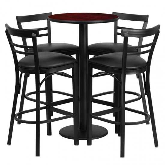 24'' Round Mahogany Laminate Table Set with Round Base and 4 Two-Slat Ladder Back Metal Barstools - Black Vinyl Seat