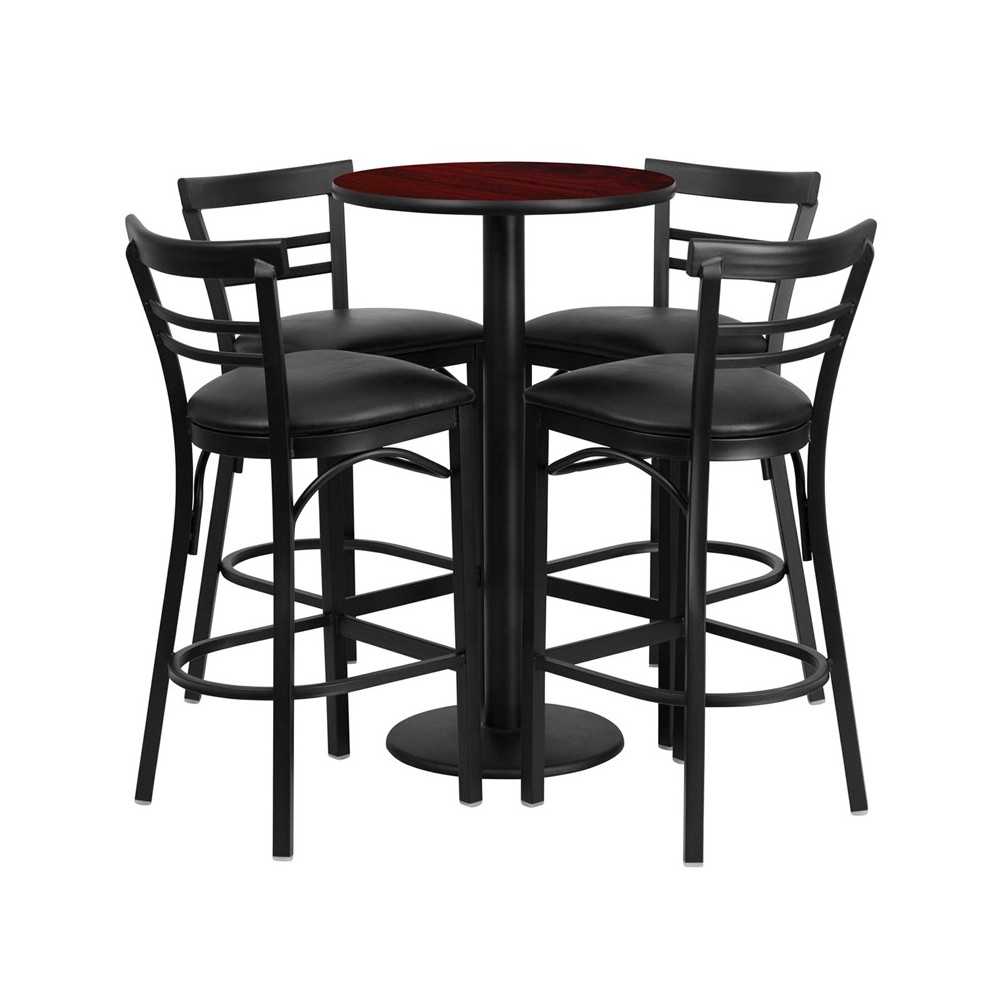 24'' Round Mahogany Laminate Table Set with Round Base and 4 Two-Slat Ladder Back Metal Barstools - Black Vinyl Seat 24'' Round Mahogany Laminate Table Set with Round Base and 4 Two-Slat Ladder Back Metal Barstools - Black Vinyl Seat