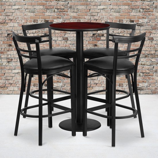 24'' Round Mahogany Laminate Table Set with Round Base and 4 Two-Slat Ladder Back Metal Barstools - Black Vinyl Seat