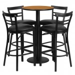 24'' Round Natural Laminate Table Set with Round Base and 4 Two-Slat Ladder Back Metal Barstools - Black Vinyl Seat