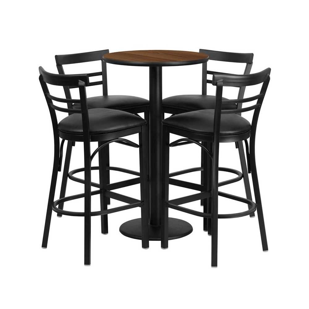 24'' Round Walnut Laminate Table Set with Round Base and 4 Two-Slat Ladder Back Metal Barstools - Black Vinyl Seat