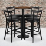 24'' Round Walnut Laminate Table Set with Round Base and 4 Two-Slat Ladder Back Metal Barstools - Black Vinyl Seat