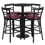 24'' Round Black Laminate Table Set with Round Base and 4 Two-Slat Ladder Back Metal Barstools - Burgundy Vinyl Seat