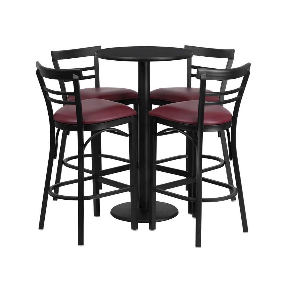 24'' Round Black Laminate Table Set with Round Base and 4 Two-Slat Ladder Back Metal Barstools - Burgundy Vinyl Seat