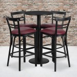 24'' Round Black Laminate Table Set with Round Base and 4 Two-Slat Ladder Back Metal Barstools - Burgundy Vinyl Seat