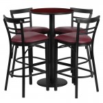 24'' Round Mahogany Laminate Table Set with Round Base and 4 Two-Slat Ladder Back Metal Barstools - Burgundy Vinyl Seat
