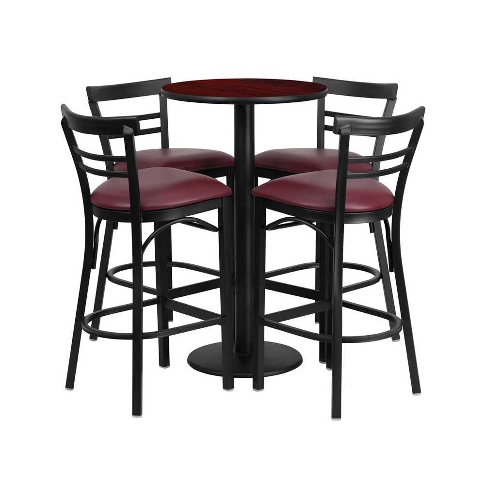 24'' Round Mahogany Laminate Table Set with Round Base and 4 Two-Slat Ladder Back Metal Barstools - Burgundy Vinyl Seat 24'' Round Mahogany Laminate Table Set with Round Base and 4 Two-Slat Ladder Back Metal Barstools - Burgundy Vinyl Seat