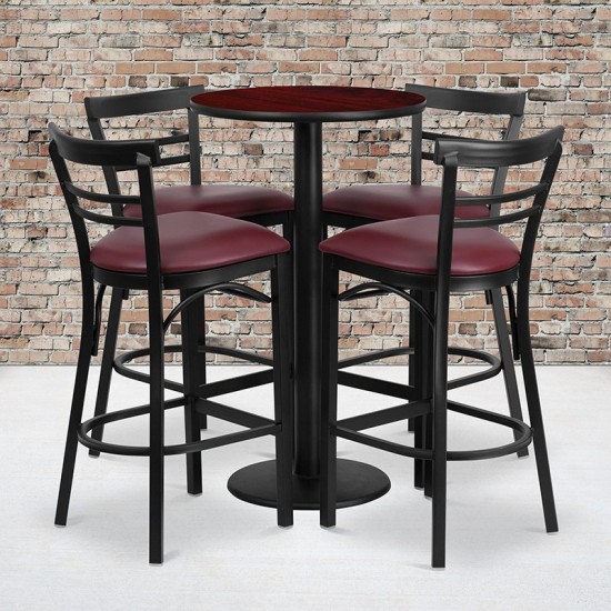 24'' Round Mahogany Laminate Table Set with Round Base and 4 Two-Slat Ladder Back Metal Barstools - Burgundy Vinyl Seat