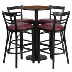 24'' Round Walnut Laminate Table Set with Round Base and 4 Two-Slat Ladder Back Metal Barstools - Burgundy Vinyl Seat