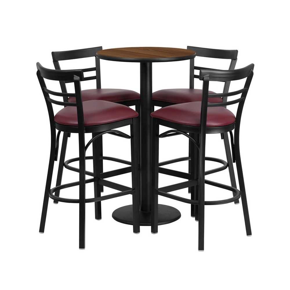 24'' Round Walnut Laminate Table Set with Round Base and 4 Two-Slat Ladder Back Metal Barstools - Burgundy Vinyl Seat