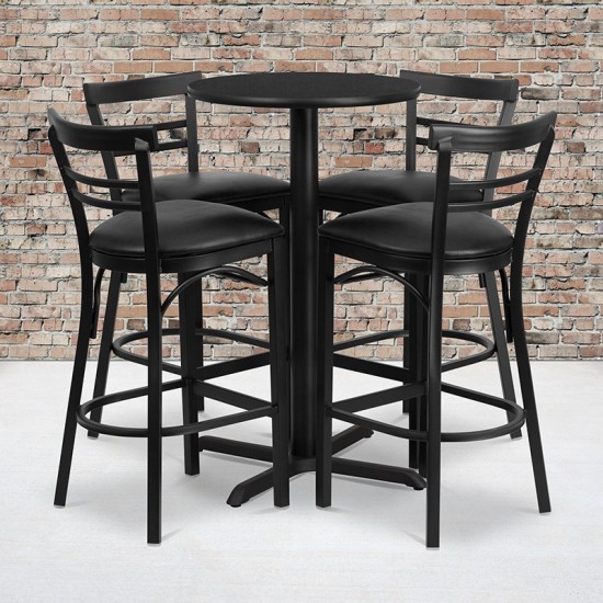 24'' Round Black Laminate Table Set with X-Base and 4 Two-Slat Ladder Back Metal Barstools - Black Vinyl Seat