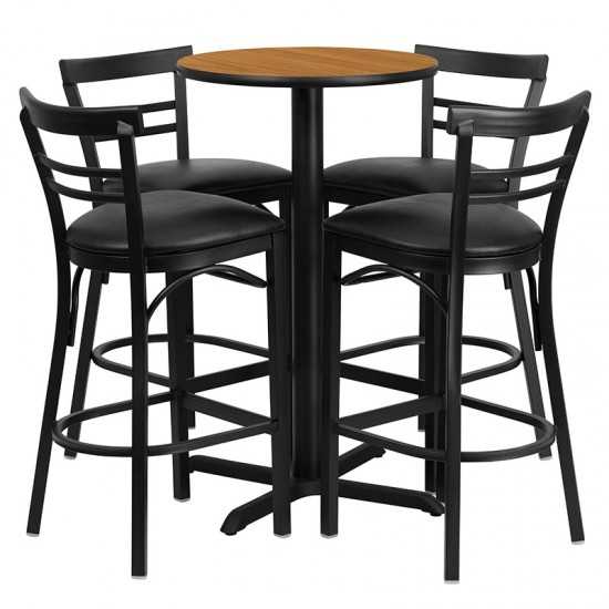 24'' Round Natural Laminate Table Set with X-Base and 4 Two-Slat Ladder Back Metal Barstools - Black Vinyl Seat