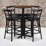 24'' Round Walnut Laminate Table Set with X-Base and 4 Two-Slat Ladder Back Metal Barstools - Black Vinyl Seat