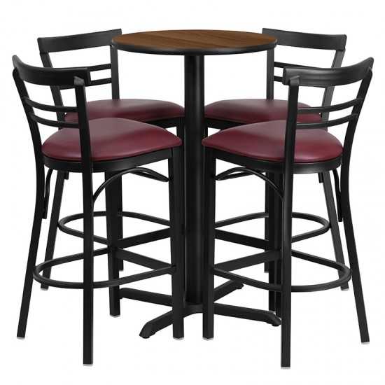 24'' Round Walnut Laminate Table Set with X-Base and 4 Two-Slat Ladder Back Metal Barstools - Burgundy Vinyl Seat