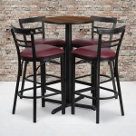 24'' Round Walnut Laminate Table Set with X-Base and 4 Two-Slat Ladder Back Metal Barstools - Burgundy Vinyl Seat