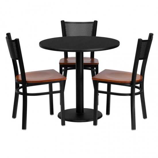 30'' Round Black Laminate Table Set with 3 Grid Back Metal Chairs - Cherry Wood Seat