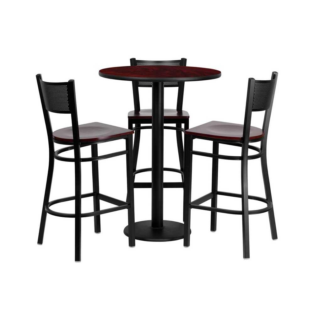 30'' Round Mahogany Laminate Table Set with 3 Grid Back Metal Barstools - Mahogany Wood Seat 30'' Round Mahogany Laminate Table Set with 3 Grid Back Metal Barstools - Mahogany Wood Seat