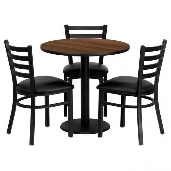 30'' Round Walnut Laminate Table Set with 3 Ladder Back Metal Chairs - Black Vinyl Seat