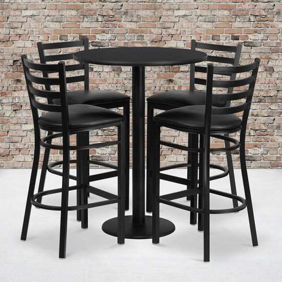 30'' Round Black Laminate Table Set with Round Base and 4 Ladder Back Metal Barstools - Black Vinyl Seat