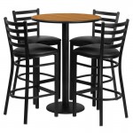 30'' Round Natural Laminate Table Set with Round Base and 4 Ladder Back Metal Barstools - Black Vinyl Seat