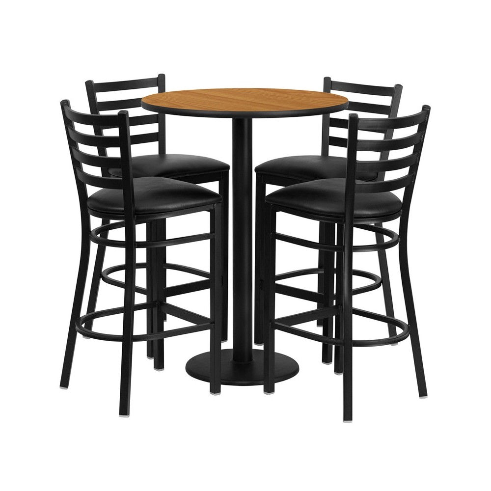 30'' Round Natural Laminate Table Set with Round Base and 4 Ladder Back Metal Barstools - Black Vinyl Seat