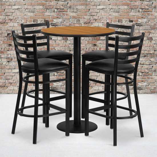 30'' Round Natural Laminate Table Set with Round Base and 4 Ladder Back Metal Barstools - Black Vinyl Seat