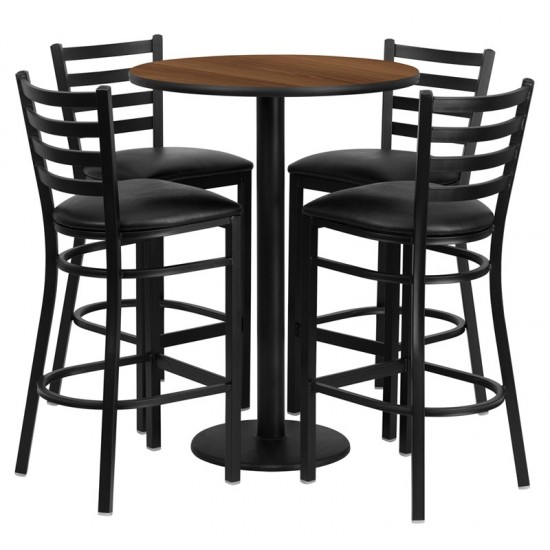 30'' Round Walnut Laminate Table Set with Round Base and 4 Ladder Back Metal Barstools - Black Vinyl Seat