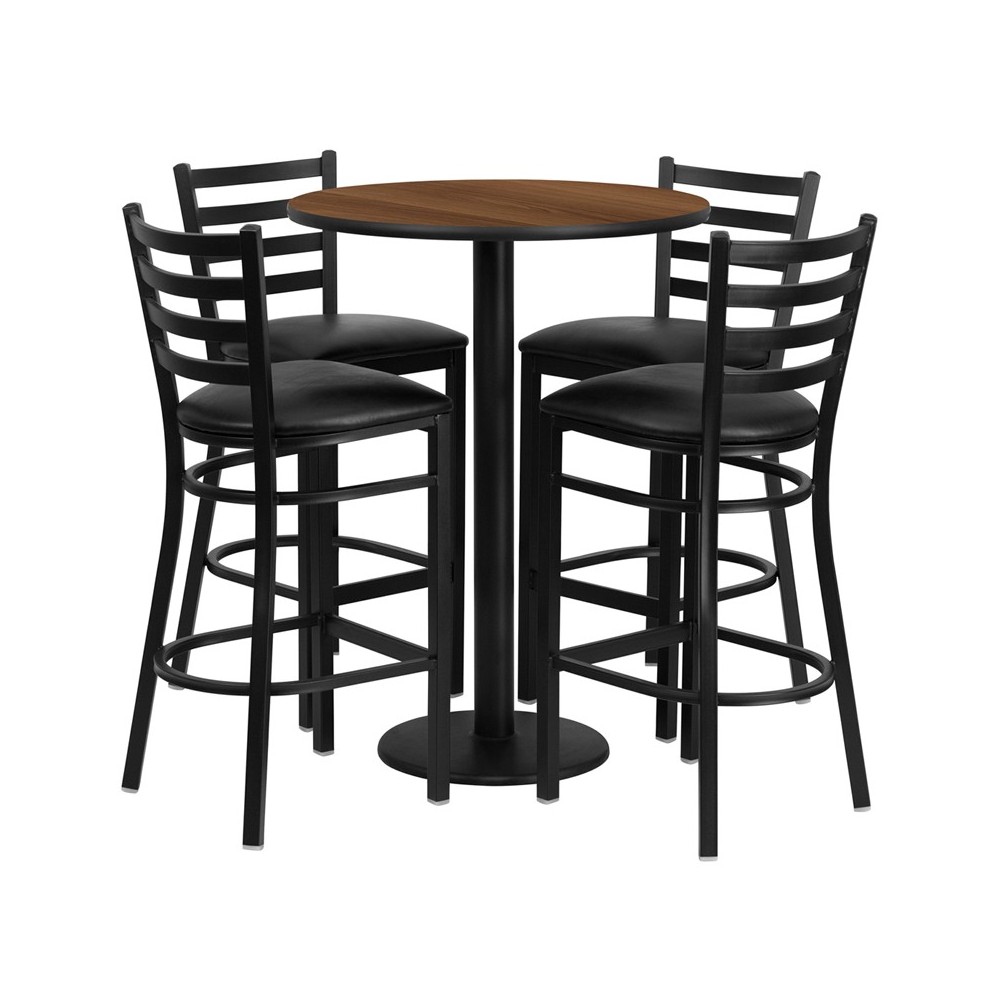 30'' Round Walnut Laminate Table Set with Round Base and 4 Ladder Back Metal Barstools - Black Vinyl Seat