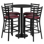 30'' Round Black Laminate Table Set with Round Base and 4 Ladder Back Metal Barstools - Burgundy Vinyl Seat