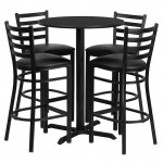 30'' Round Black Laminate Table Set with X-Base and 4 Ladder Back Metal Barstools - Black Vinyl Seat