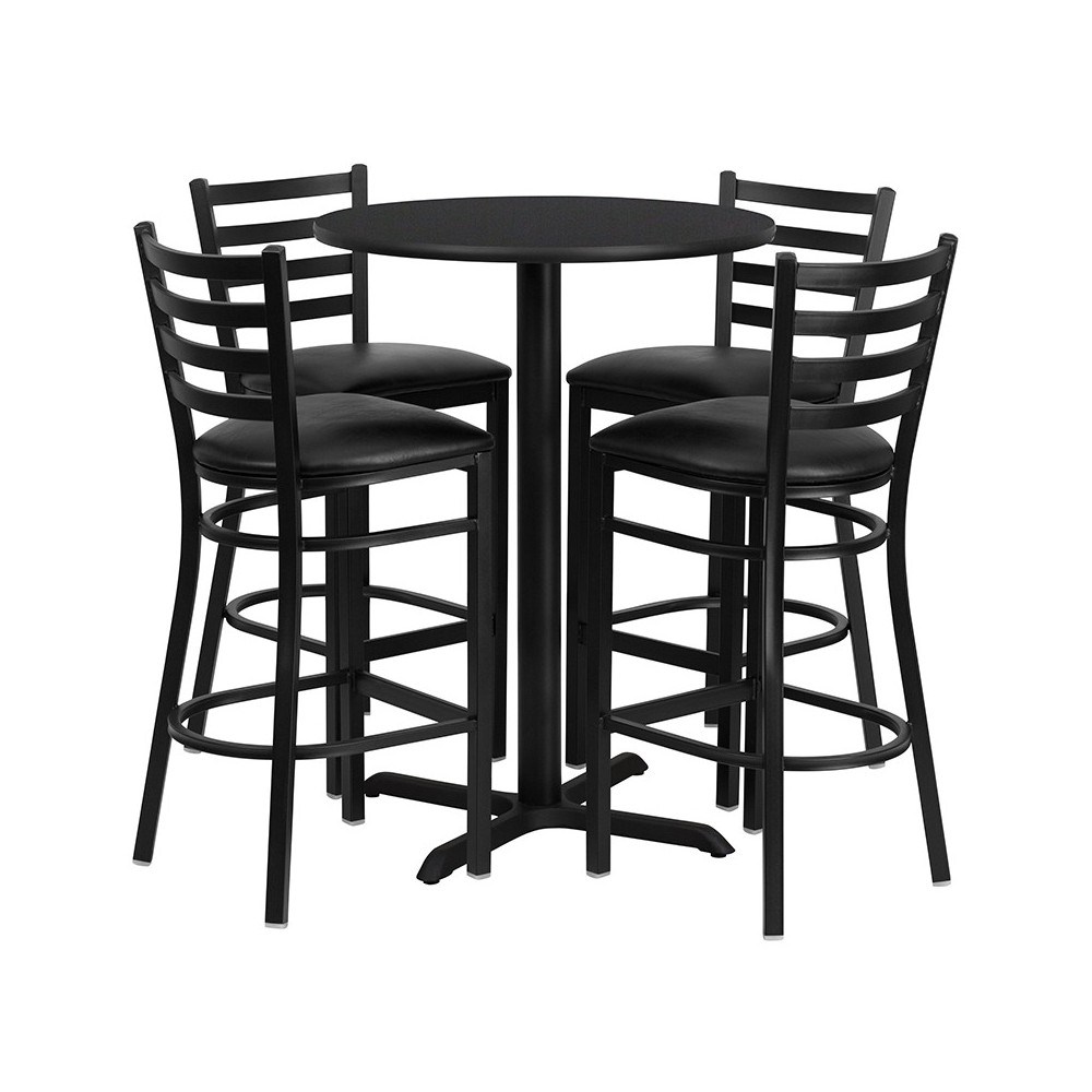 30'' Round Black Laminate Table Set with X-Base and 4 Ladder Back Metal Barstools - Black Vinyl Seat