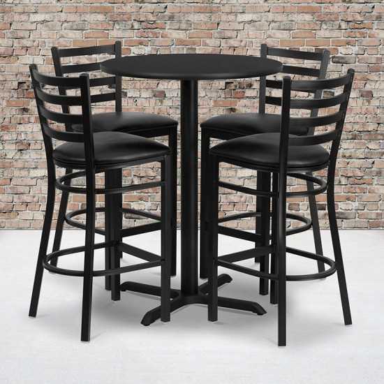 30'' Round Black Laminate Table Set with X-Base and 4 Ladder Back Metal Barstools - Black Vinyl Seat