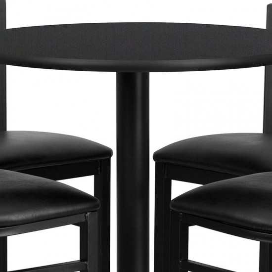 30'' Round Black Laminate Table Set with X-Base and 4 Ladder Back Metal Barstools - Black Vinyl Seat