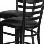 30'' Round Black Laminate Table Set with X-Base and 4 Ladder Back Metal Barstools - Black Vinyl Seat