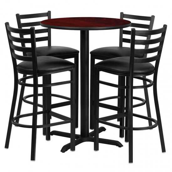 30'' Round Mahogany Laminate Table Set with X-Base and 4 Ladder Back Metal Barstools - Black Vinyl Seat