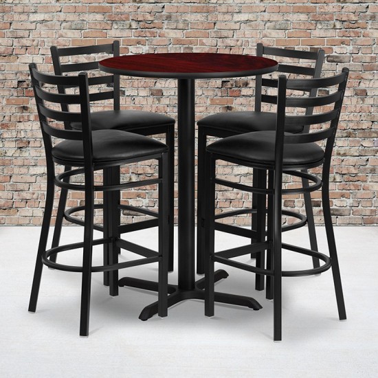 30'' Round Mahogany Laminate Table Set with X-Base and 4 Ladder Back Metal Barstools - Black Vinyl Seat