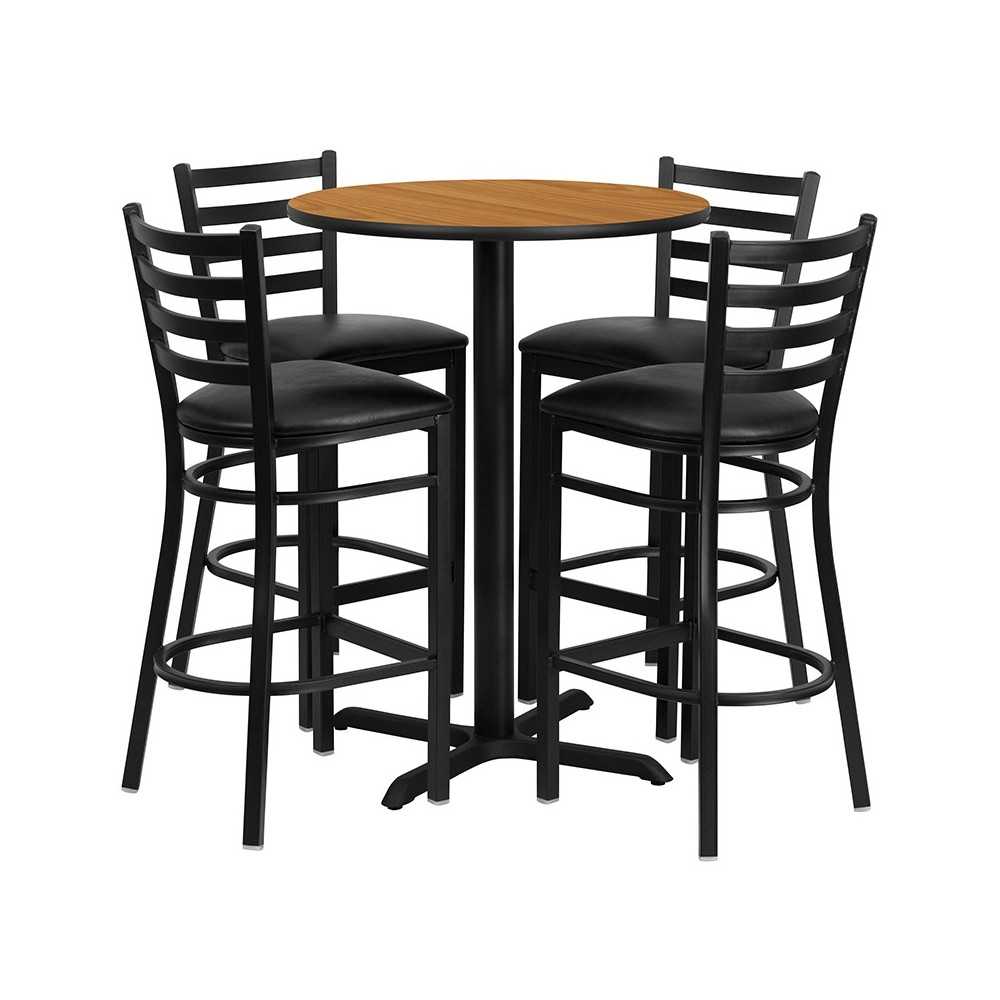 30'' Round Natural Laminate Table Set with X-Base and 4 Ladder Back Metal Barstools - Black Vinyl Seat